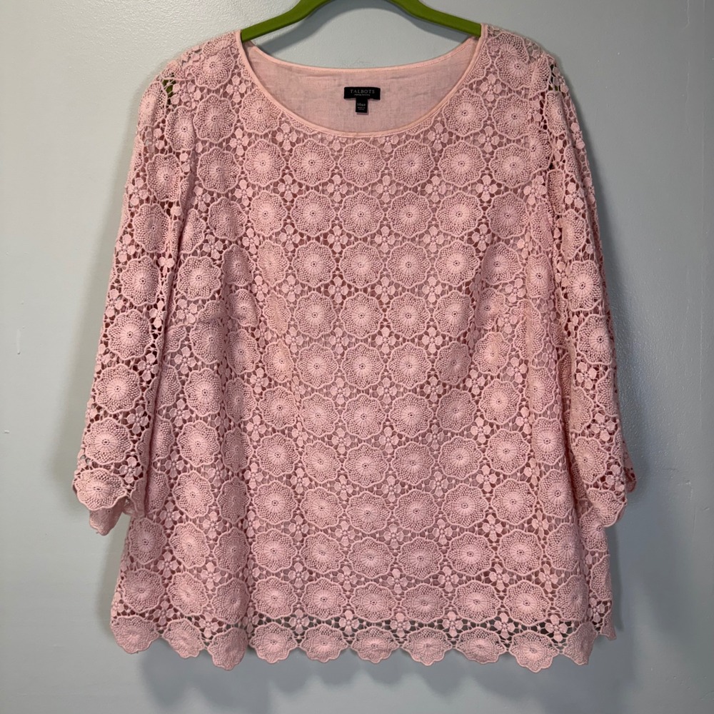 Talbots Woman Petites Pink Cotton Floral‎ Crochet Lace 3/4 Sleeve Top 14WP